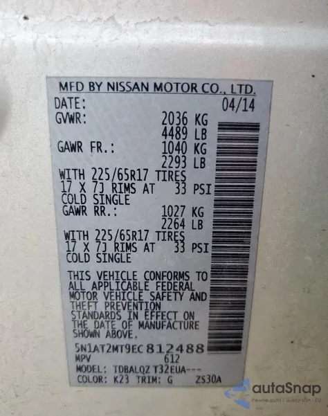 2014 Nissan Rogue S z USA, uszkodzony, nr VIN 5N1AT2MT9EC812488